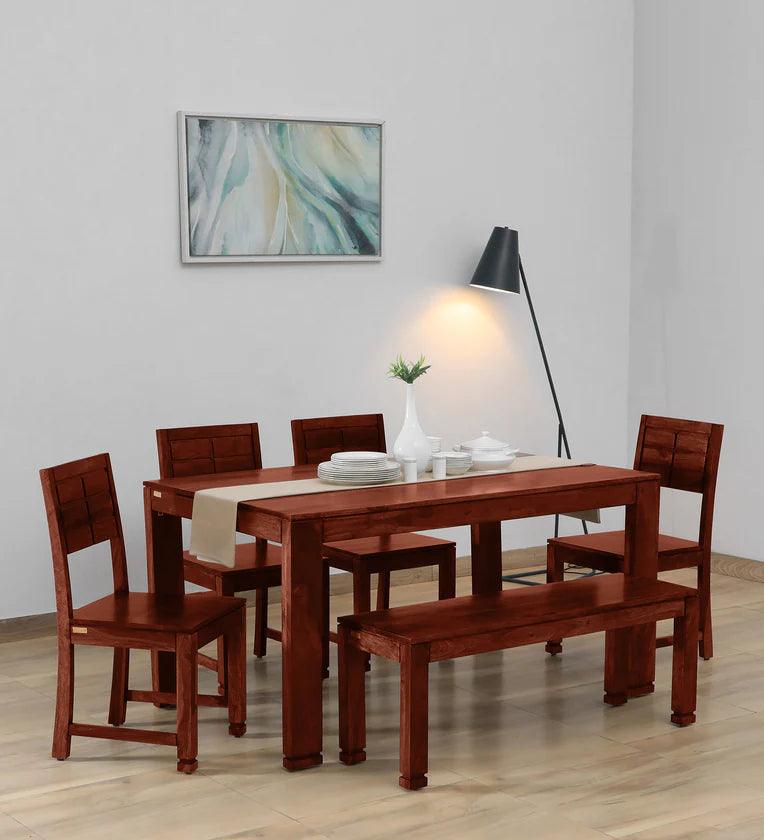 Sheesham Wood 6 Seater Dining Set In Honey Oak Finish With Bench