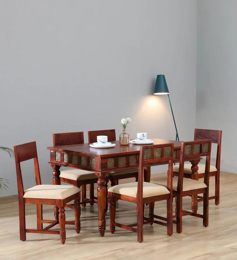 Sheesham Wood 6 Seater Dining Set In Scratch Resistant Honey Oak Finish With Brass Cladding