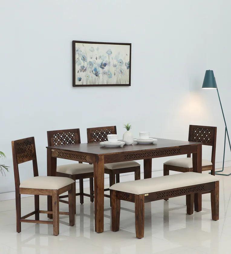 Sheesham Wood 6 Seater Dining Set in Scratch Resistant Provincial Teak Finish With Bench