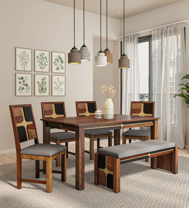 Sheesham Wood 6 Seater Dining Set In Scratch Resistant Provincial Teak Finish With Bench