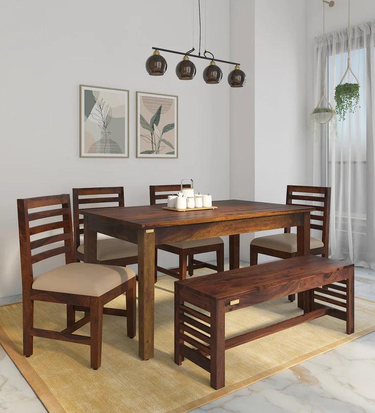 Sheesham Wood 6 Seater Dining Set In Scratch Resistant Provincial Teak Finish With Bench