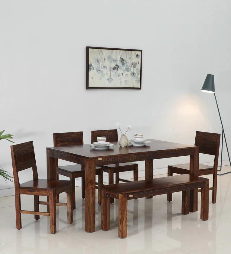 Sheesham Wood 6 Seater Dining Set in Scratch Resistant Provincial Teak Finish With Bench