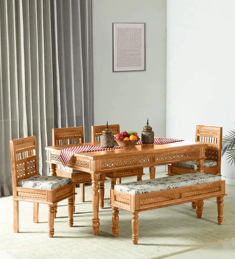 Sheesham Wood 6 Seater Dining Set In Scratch Resistant Rustic Teak Finish With Bench