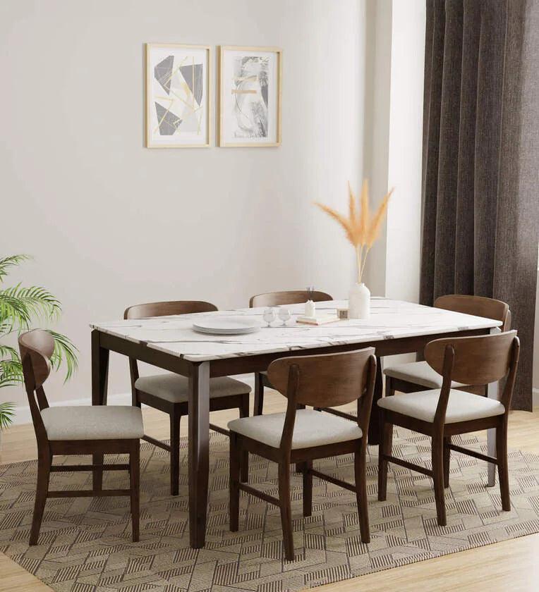 Solid Wood 6 Seater Dining Set In Marble Finish