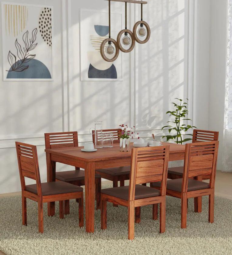 Solid Wood 6 Seater Dining Set In Reddish Walnut Finish