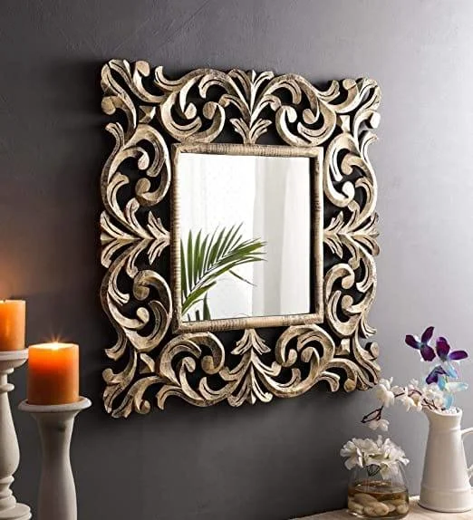 Wood Decorative Hand Crafted Mirror, 24 X Inch (Gold), Square, Wall Mount, Framed