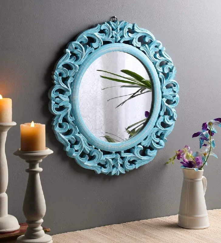 Wood Hand Crafted Round Shape Vanity Wall Mirror Glass for Living Room, 20"X 20" Blue, Framed