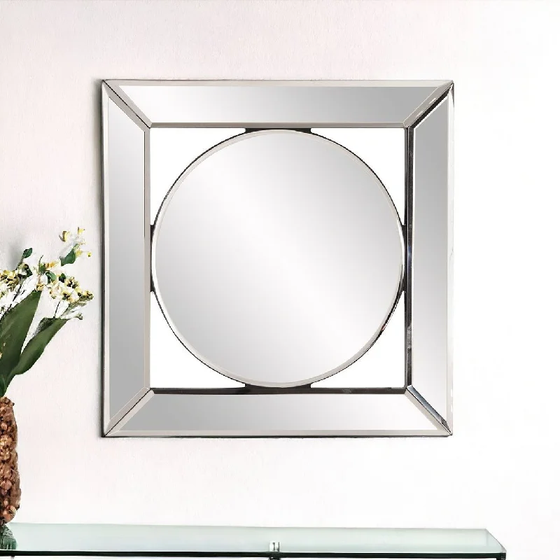 12" Round In Square Glass Framed Accent Mirror - Silver