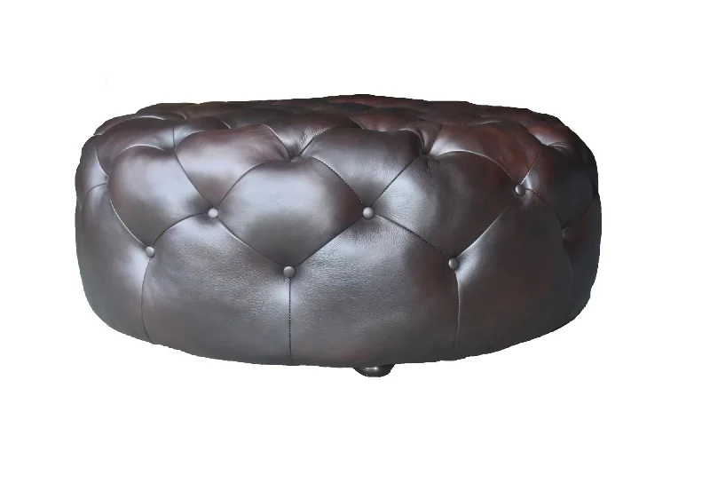 Genuine Leather And Dark Brown Tufted Round Ottoman - Brown