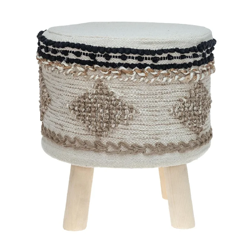 Jute Round Abstract Ottoman - Beige / Brown