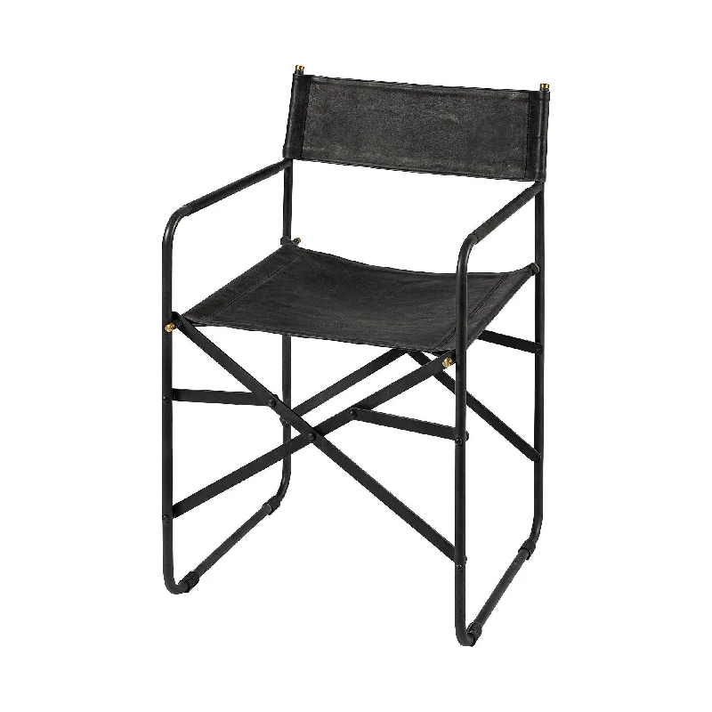 Leather Metal Open Back Dining Arm Chair - Black