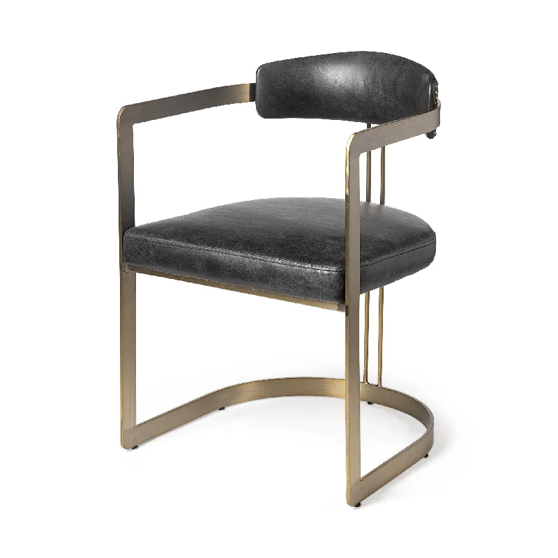 Leather Seat With Gold Iron Frame Dining Chair - Black