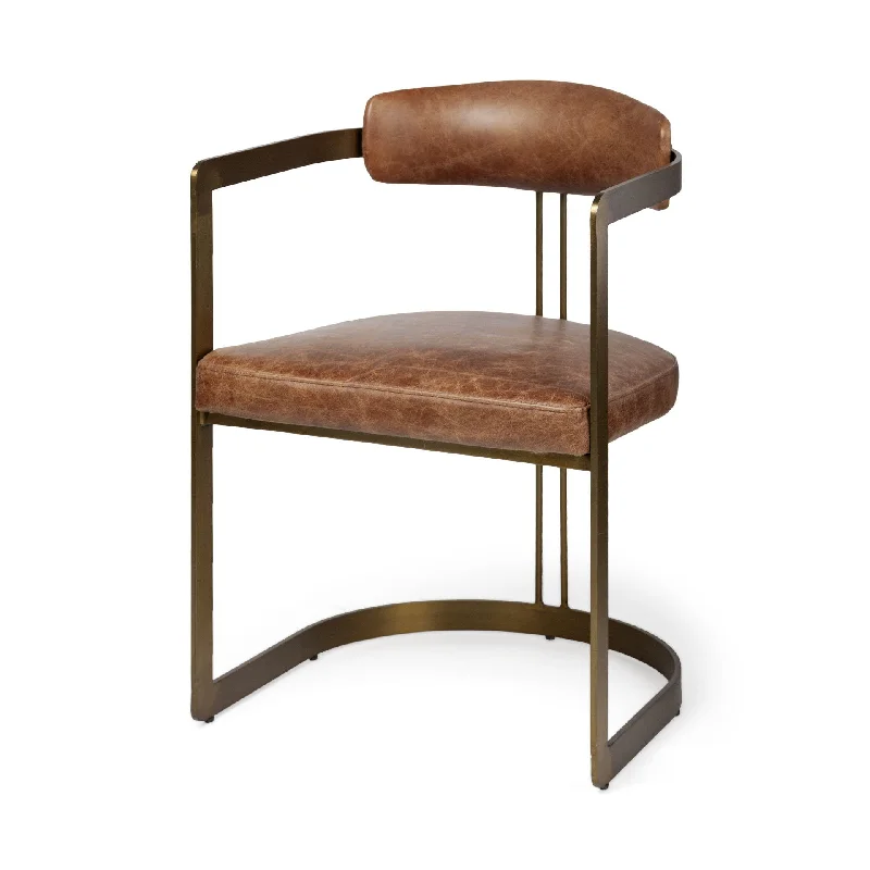 Leather Seat With Gold Iron Frame Dining Chair - Brown