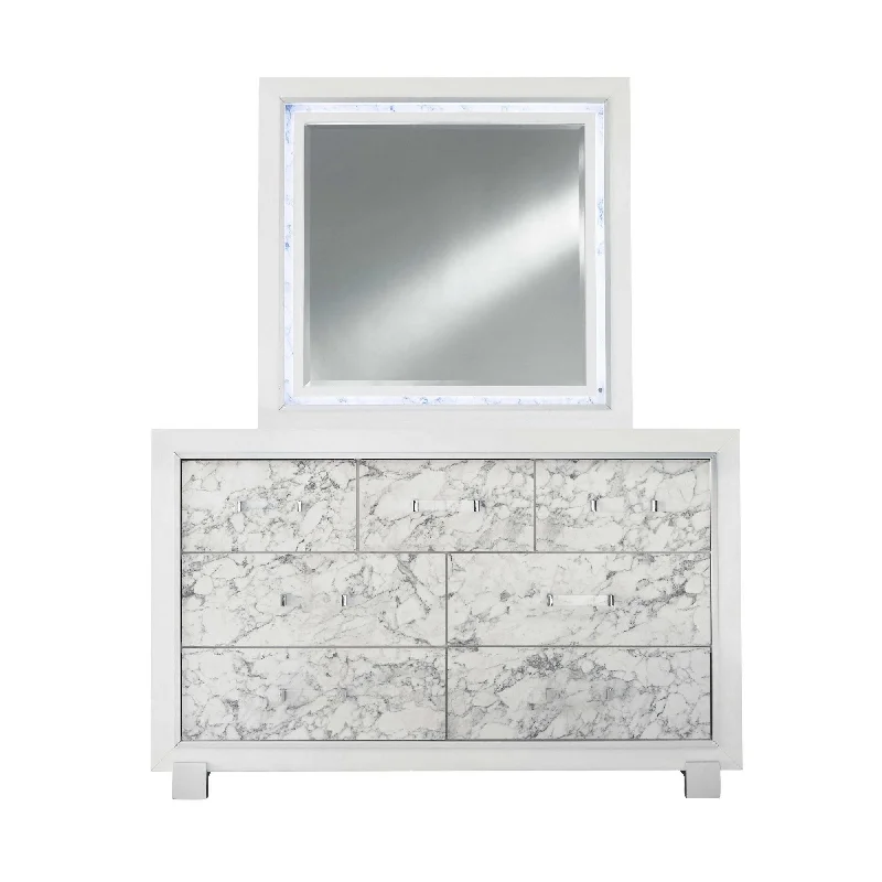 Modern Mirror With Faux Marble Border Detail Led Lightning - White