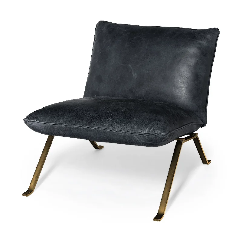 Top Grain Leather Distressed Slipper Chair - Black / Brass